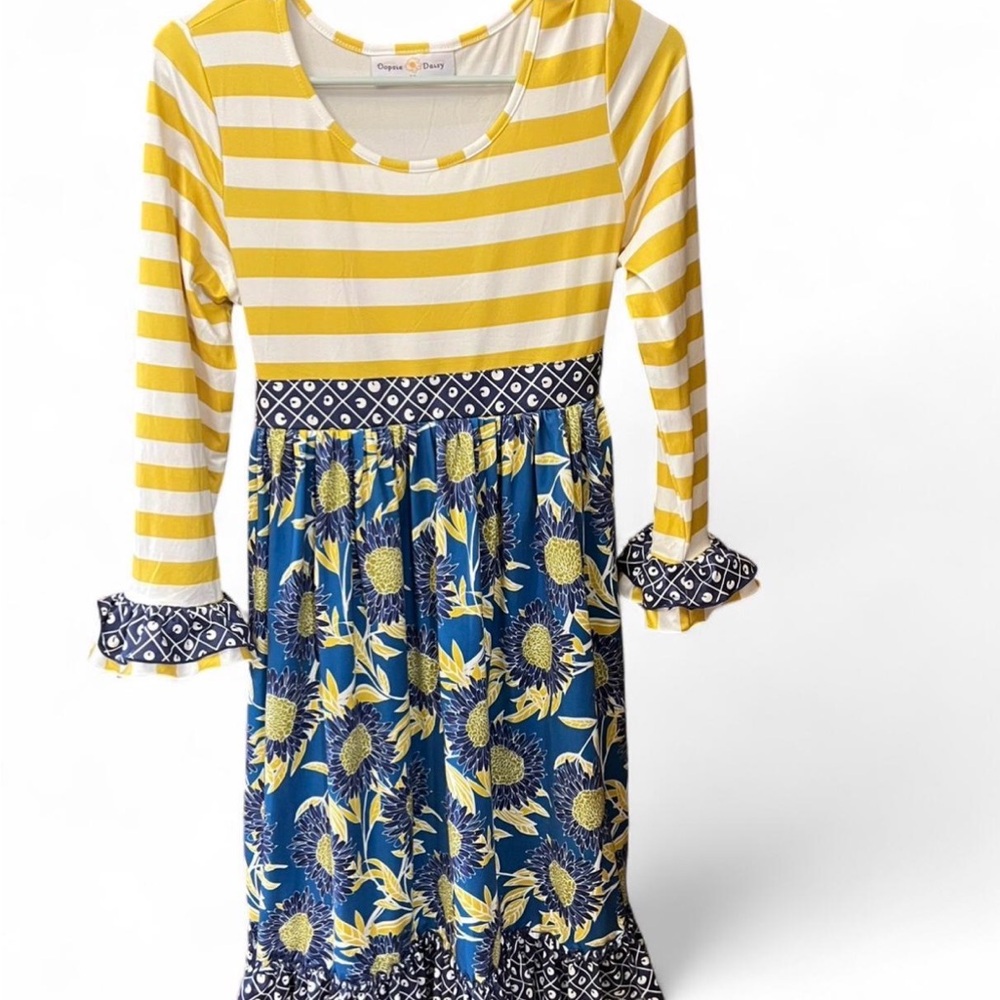 Sunflower Stripe Mix Girls Dress - Yellow & Navy